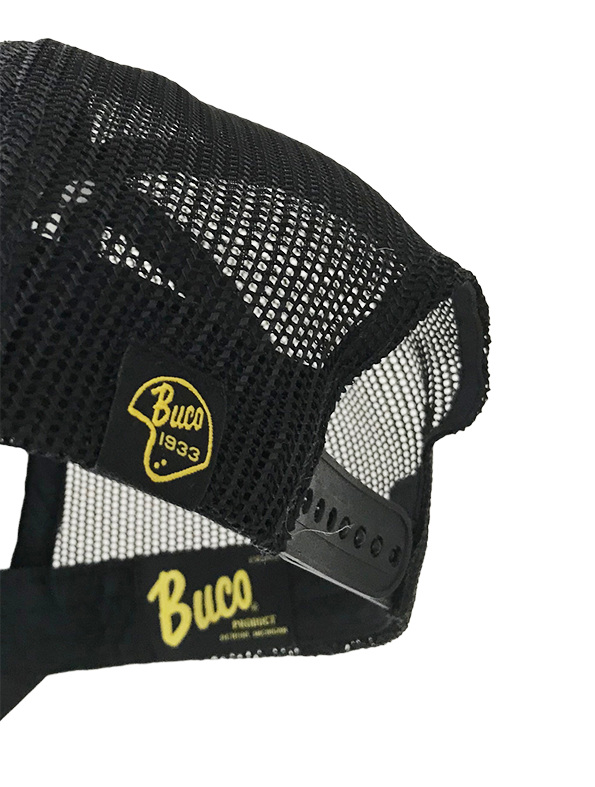 Casquette trucker blanche BUCO print motorcycle detail