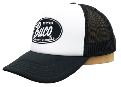 Casquette blanche trucker avec logo BUCO forme ovale noire & blanche côté