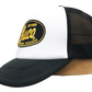 Casquette blanche trucker avec logo BUCO forme ovale noire & jaune côté