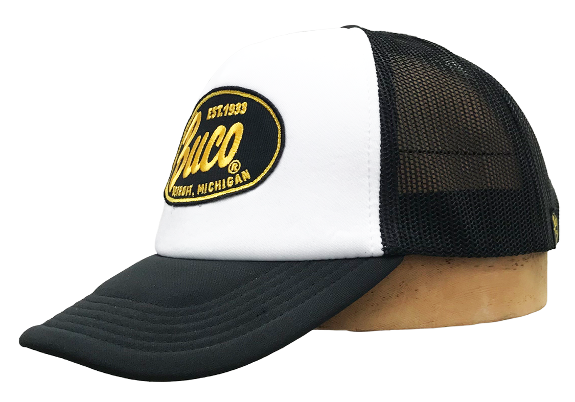 Casquette blanche trucker avec logo BUCO forme ovale noire & jaune côté