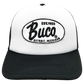 Casquette blanche trucker avec logo BUCO forme ovale blanche et noire