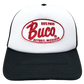 Casquette blanche trucker avec logo BUCO forme ovale rouge et blanche
