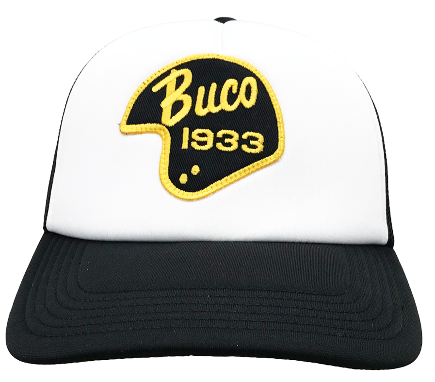 Casquette blanche trucker avec logo Buco forme casque noir et jaune