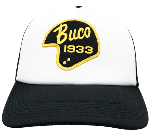 Casquette blanche trucker avec logo Buco forme casque noir et jaune