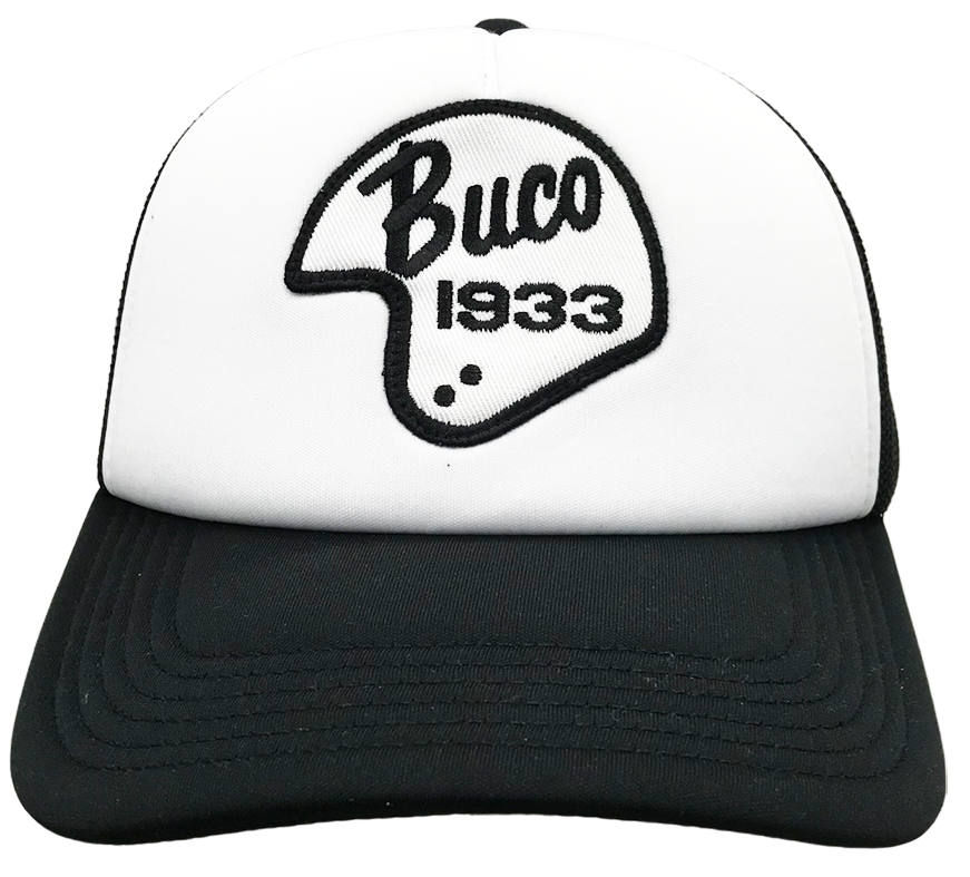 Casquette blanche trucker avec logo Buco forme casque blanc et noir