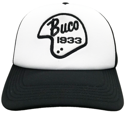 Casquette blanche trucker avec logo Buco forme casque blanc et noir