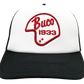 Casquette blanche trucker avec logo Buco forme casque blanc et rouge