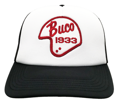 Casquette blanche trucker avec logo Buco forme casque blanc et rouge