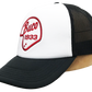 Casquette blanche trucker avec logo Buco forme casque blanc et rouge côté