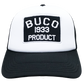 Casquette trucker blanche avec l'embleme product Buco forme rectangulaire noir et blanc